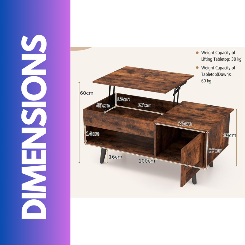 Annatone Wooden Lift Top Coffee Table With Hidden Storage and Cabinet