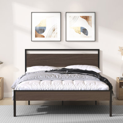 Base de lit plateforme grand lit avec tête et pied de lit en bois, support robuste à 12 lattes en métal, aucun sommier requis, rangement sous le lit, silencieux, assemblage facile, noyer