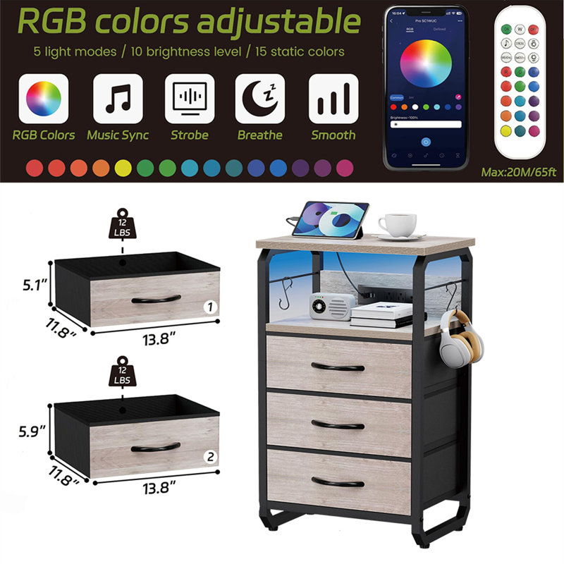 Multifunctional LED Nightstand With Charging Station & Storage, Greige/Black