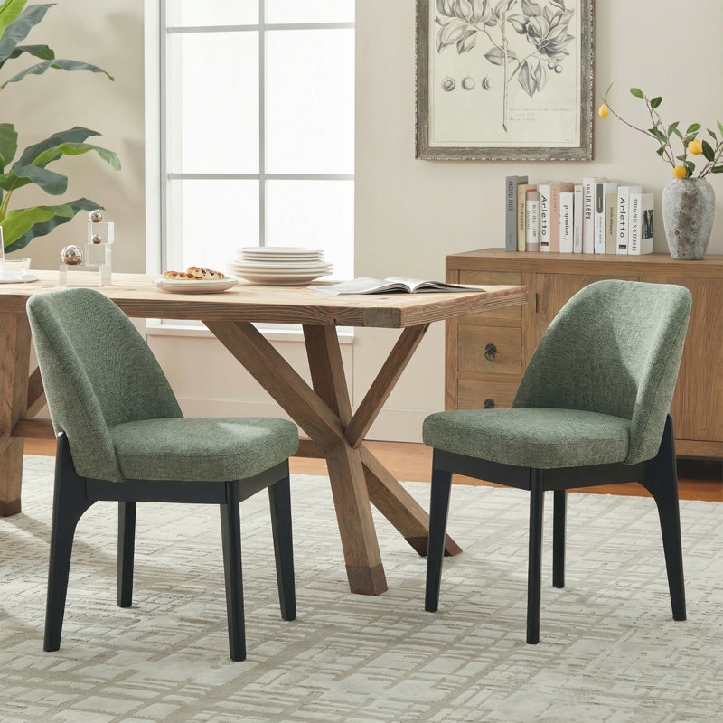 Bason 19.5" H Polyester Upholstered Dining Chair With Black Solid Wood Legs, Green