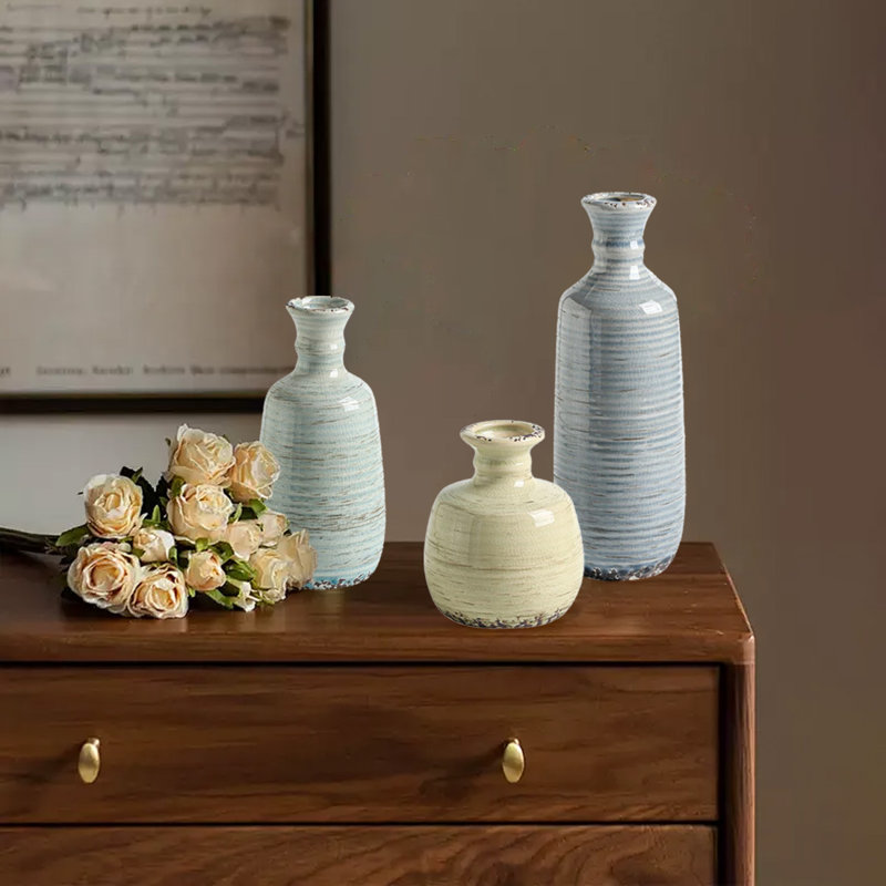 Ensemble de 3 vases en céramique, Bleu, vert et beige