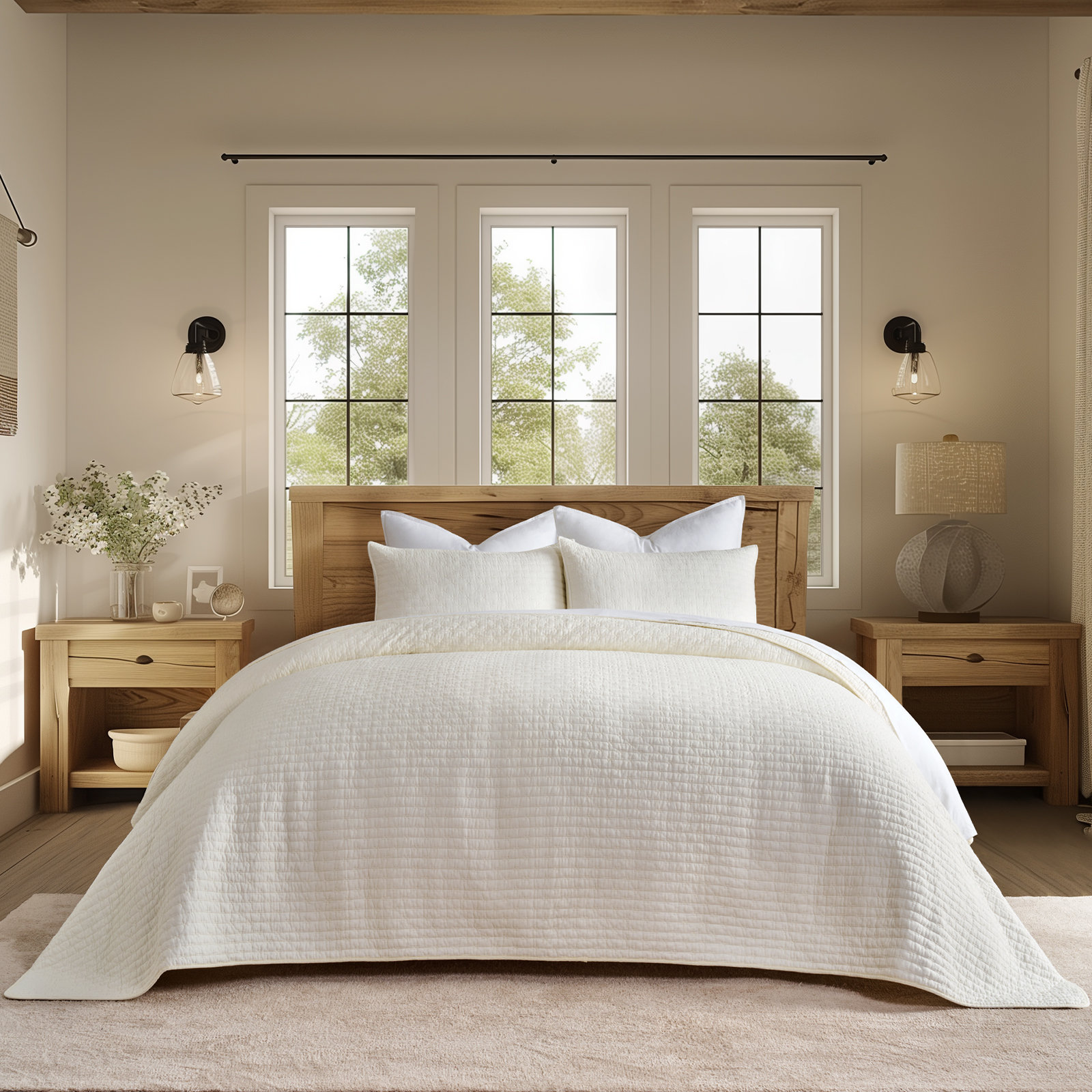 Cotton Quilt Set, Ivory White, Queen + 2 Shams