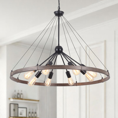 Kelcie 8- Light 35.4'' Dimmable Modern Farmhouse Sputnik Wagon Wheel Chandelier in Black and Brown for Dining Room Entryway