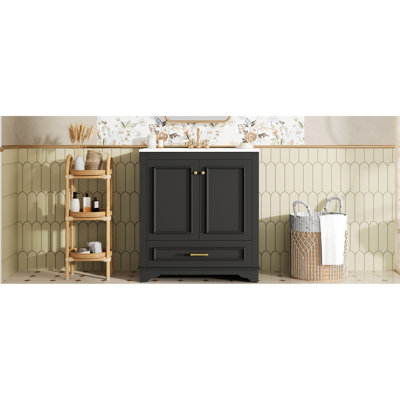 Meuble-lavabo de 30,5 po avec lavabo et tiroir en céramique - Rails coulissants lisses, charnières silencieuses, lavabo moderne de 30 po, tiroir, tablette réglable luxueuse, rangement pratique, portes à fermeture douce, élégante