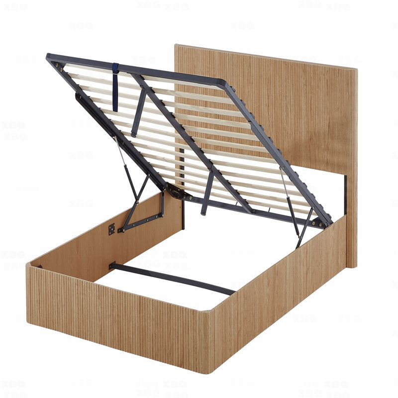 Grand lit avec rangement relevable, lignes courbes en bois ondulé, rangement hydraulique / aucun sommier nécessaire, Brun