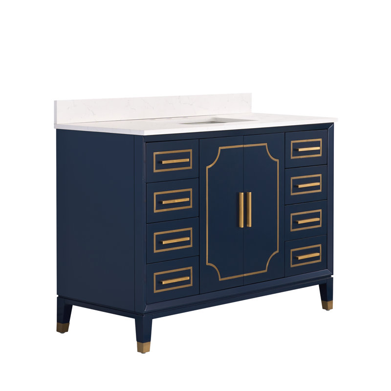 Meuble-lavabo autoportant en bois massif H 35 po x l 48 po avec comptoir en quartz Carrera résistant aux taches et lavabo simple