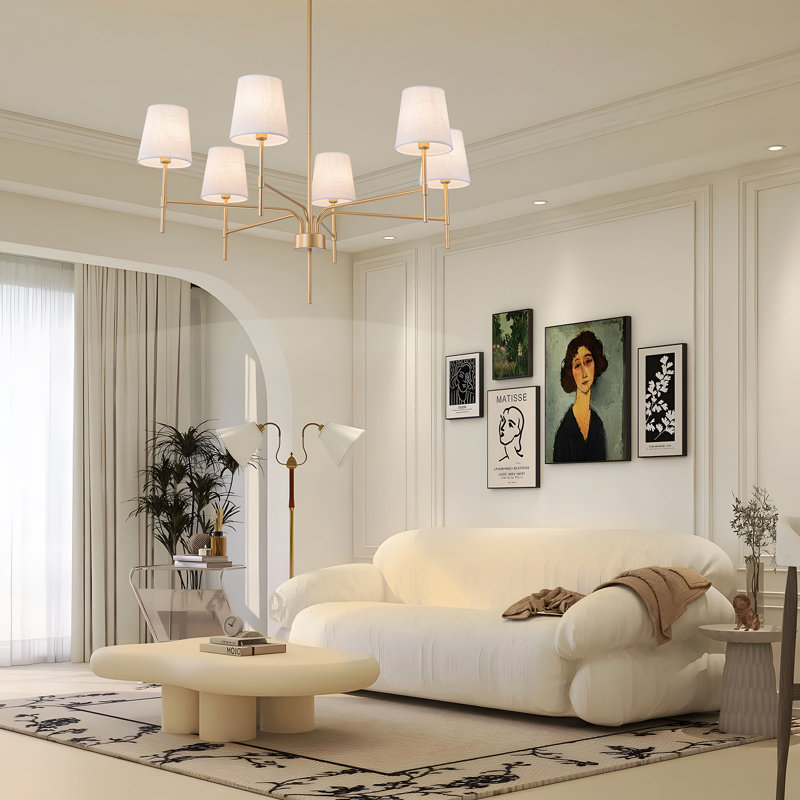 Agathon Transitional Modern Chandelier With White Fabric Shades, Gold