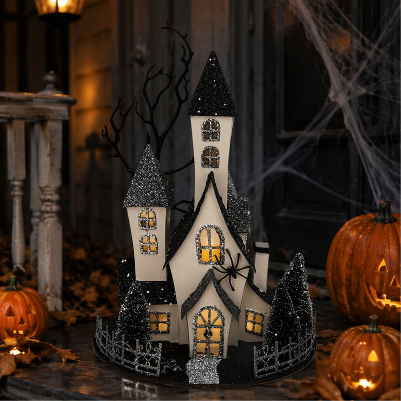 Maison hantée lumineuse en carton, à poser sur une table, fonctionnant à piles, fini noir et beige, idéale pour Halloween.