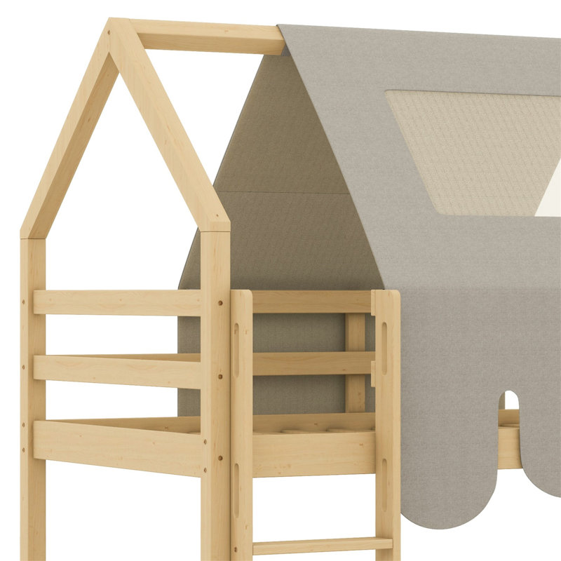 Cadre de lit mezzanine en bois avec tente, Lit simple, Naturel / Beige