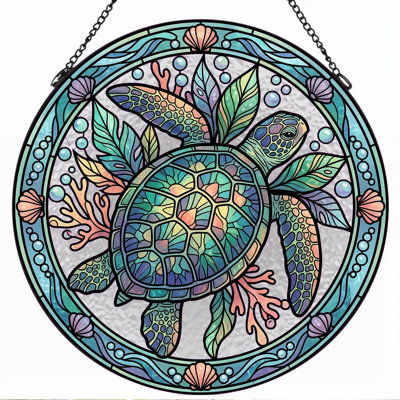 Sea Turtle Stained Glass Window Panel，7.8H