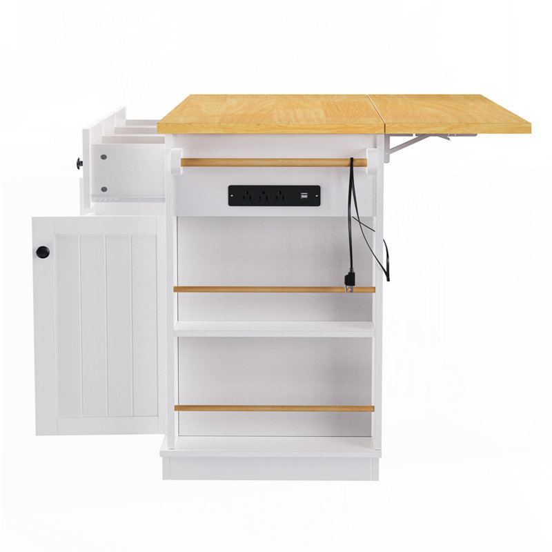 Kitchen Island with Drop Leaf,Power Outlet,Door Internal Storage Rack,Rolling Kitchen Cart on 5 Wheels with 5 Open Side Racks