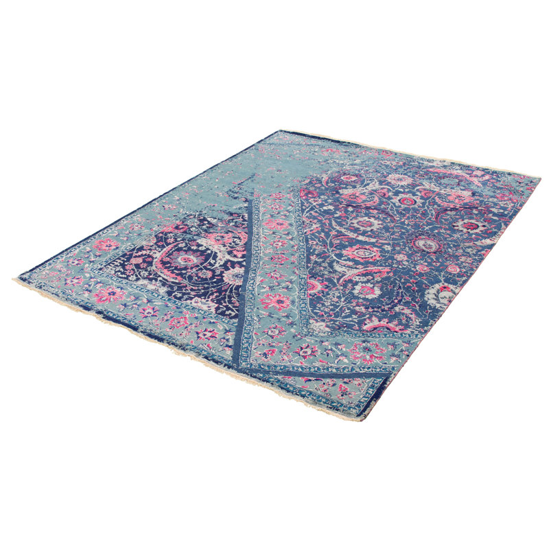 Tapis décoratif bleu marine en laine de conception unique 8 pi x 10 pi 2 po noué à la main New Age