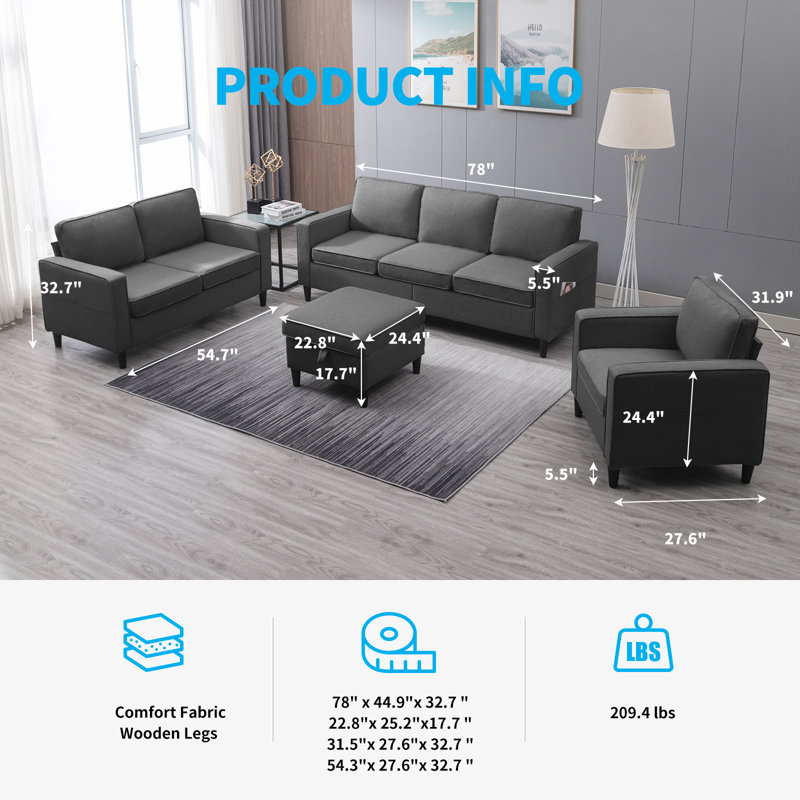 Ensemble de salon en lin 4 pièces avec repose-pieds avec rangement, canapé modulaire rembourré et causeuse et canapé simple pour petits espaces Raylina, gris foncé