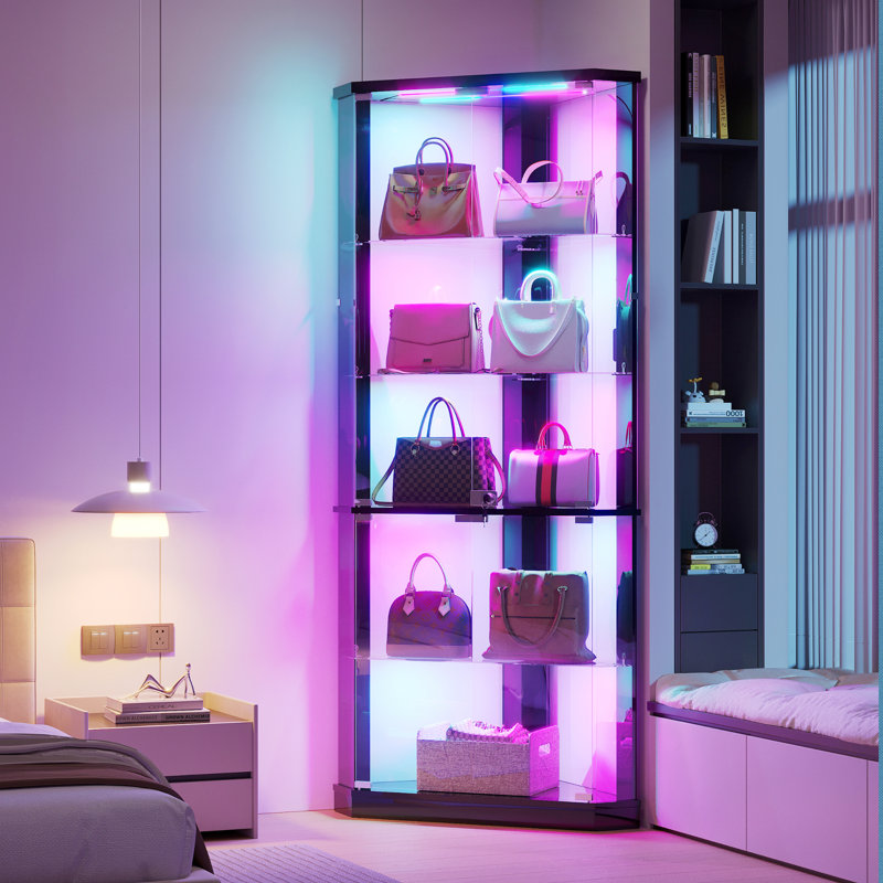 Vitrine de coin 69 po en verre avec lumières RVB et capteur de mouvement, vitrine à 5 niveaux avec serrure, Noir