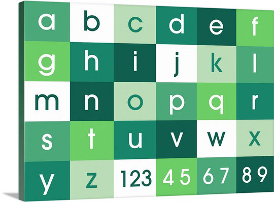 «Alphabet» par Justin, art textuel en vert, H 18 po x l 24 po x P 1,25 po, Toile