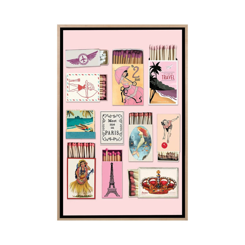 Matchbook Travel 1 Piece Wall Art on Canvas, 101.6 cm H x 66.04 cm W x 4.445 cm D, Natural Wood
