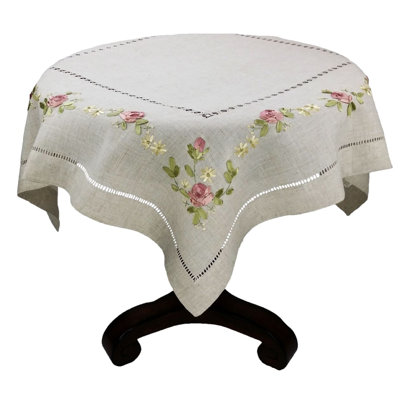 Ribbon Embroidery Rose on Natural Linen with Hemstitch Table Topper