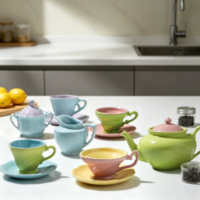 Porcelain Kids Tea Set, 11 fl oz - Miniature Tea Party Set for Girls, Service for 4, Fun & Colorful, Microwave and Dishwasher Safe, Gift Box Included