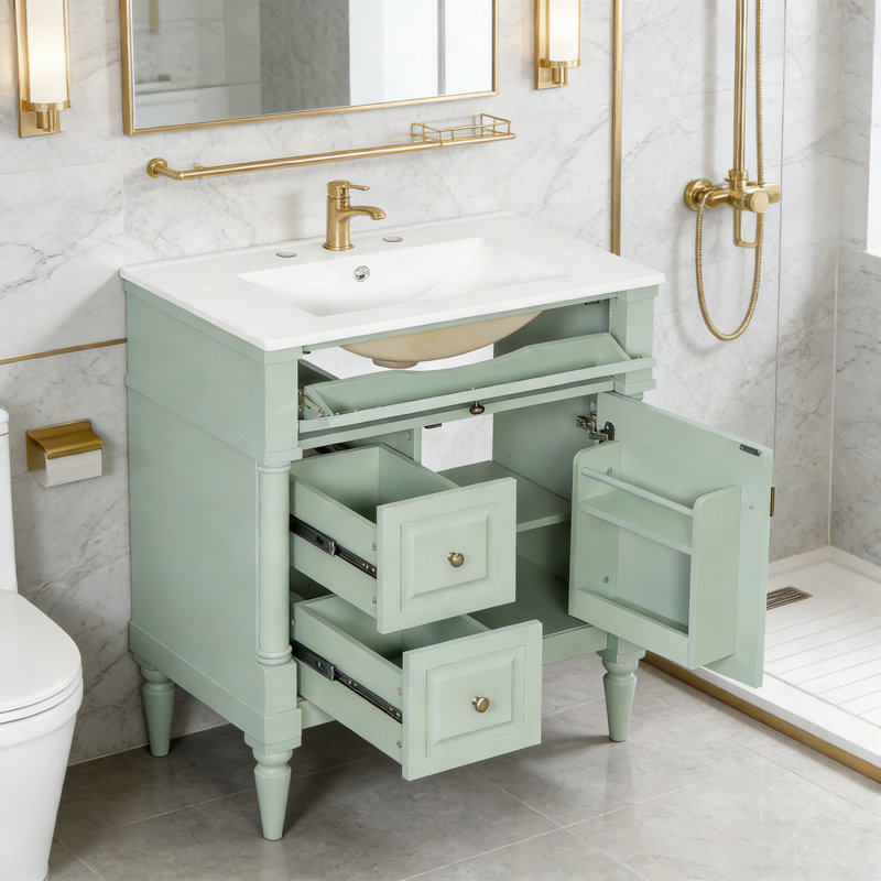 Meuble-lavabo avec lavabo, 2 tiroirs et tablette ajustable, Vert