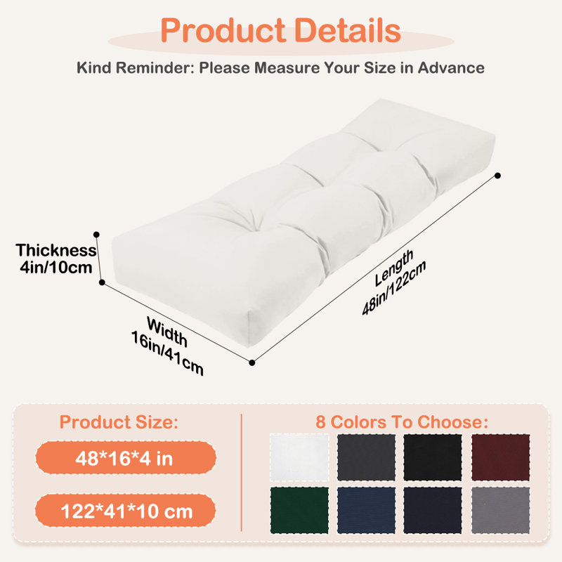 48"x16"x4" Bench Cushion,Waterproof Tufted and Slip-Resistant Comfortable Indoor/Outdoor for Furniture Seat Cushion,White