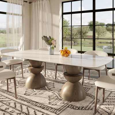 87"/94" Mid-Century Double Pedestal Solid Wood Dining Table With Rectangular Sintered Stone Tabletop