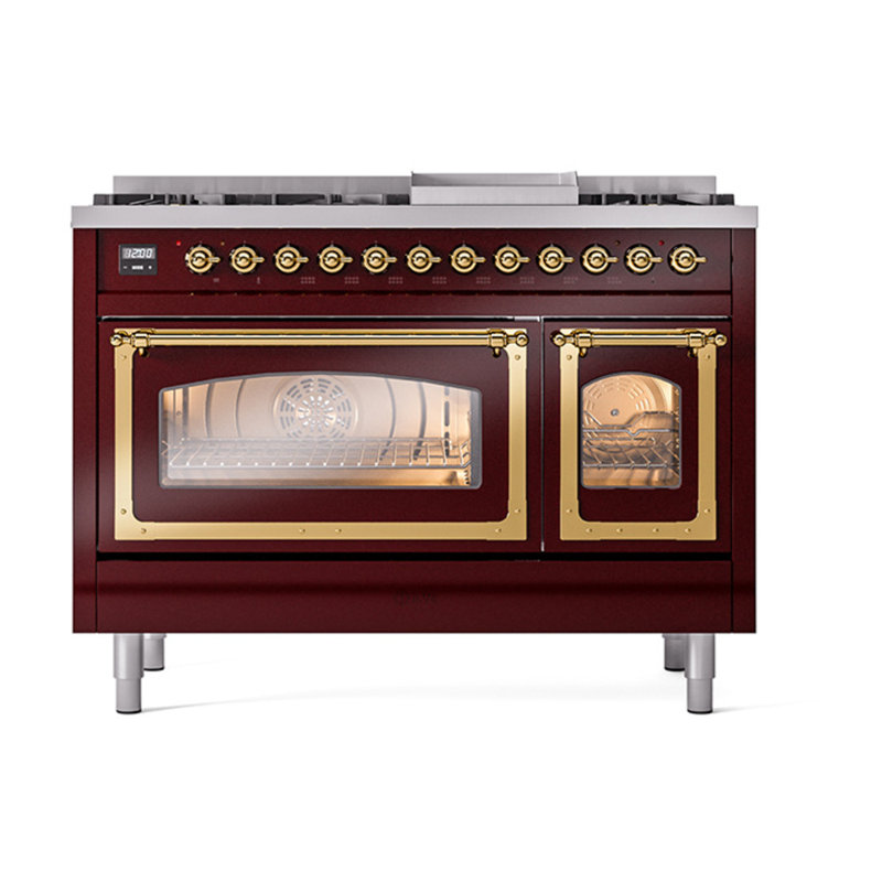 ILVE UN48FNMPEGG Nostalgie II Noblesse 48 inch Dual Fuel Range (8 Sealed Burners + Griddle, Triple Glass Door), Brass