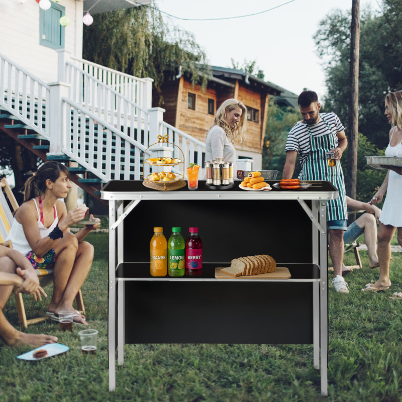Patio Portable Folding Bar Table With Shelf, Black