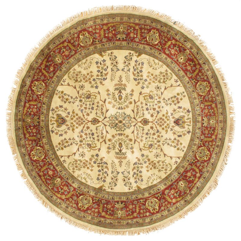 Tapis de surface en laine ronde 7 pi 1 po noué la ivoire/brun à la main one-of-kind Davalos