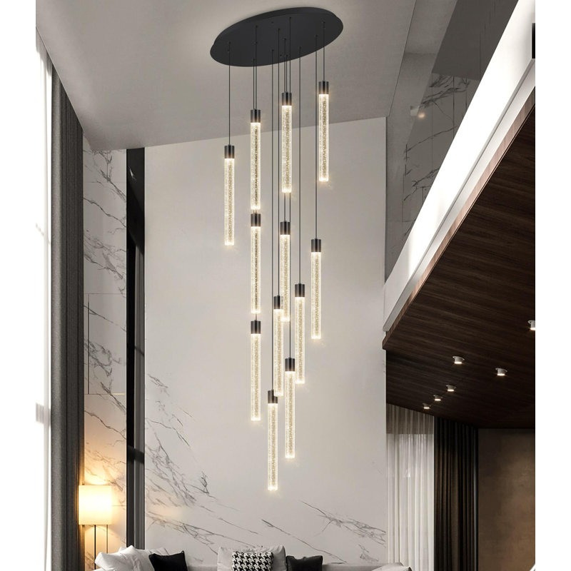 Lustre d'escalier en cristal 12 lumières à intensité variable moderne, H 138 po x l 19,7 po x P 19,7 po, Noir mat
