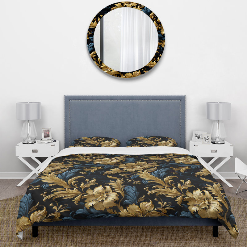 Ensemble de housse de couette damassé doré et bleu doré et bleu, Housse de couette pour très grand lit et 2 très