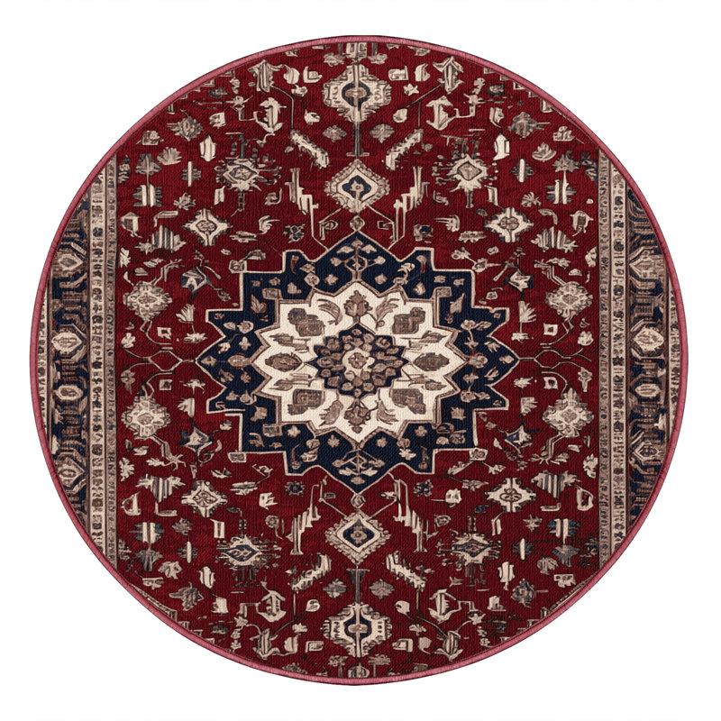 Tapis rouge persan lavable à la machine, Rond 3 pi