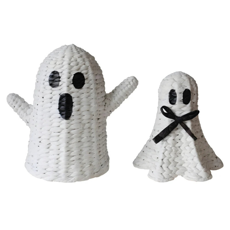 Handwoven White Ghost Figurines – Halloween Tabletop Decorations With Bow & Raised Arms Set Of 2
