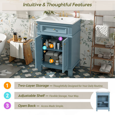 Armoire de salle de bain 24 po avec portes à fermeture douce et tablette réglable, meuble-lavabo avec lavabo en céramique