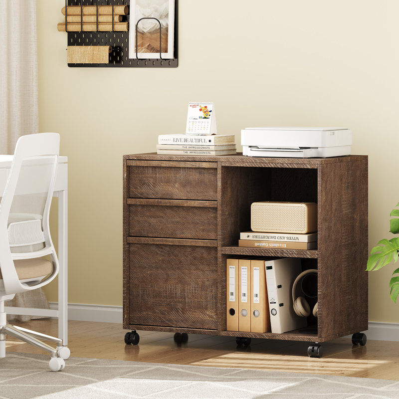 Spacious 3-Drawer Lateral File Cabinet for Dining Room – Wooden Rolling Storage with Open Shelf – Mobile Printer Stand – Brown-Red, 3 Drawers with Shelf