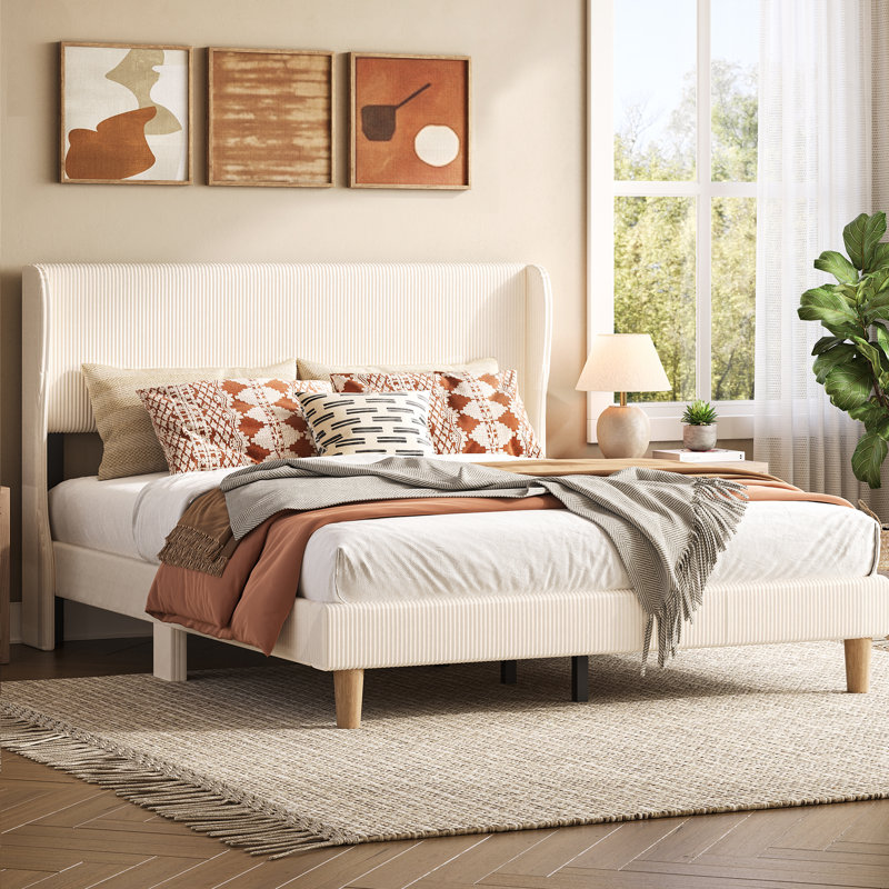 Abe Aadi Queen Size Corduroy Upholstered Platform Bed Frame with Channel Tufted Wingback Headboard — No Box Spring Needed, Space-Saving Design for Small Bedrooms & Apartments