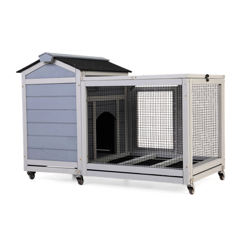 Lapin spacieux avec deux zones fonctionnelles, toit ouvrable et portes coulissantes pour animaux de compagnie intérieures et extérieures, plancher de protection en filet, plateau amovible, conception grise