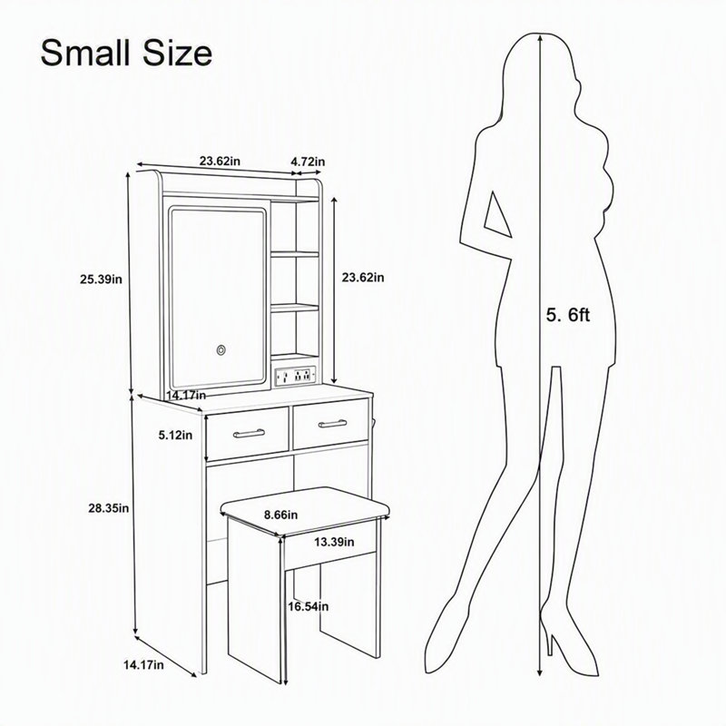 Petite coiffeuse avec miroir, éclairage DEL réglable, prise électrique intégrée, rangement dissimulé, tabouret rembourré et tablette, blanche.