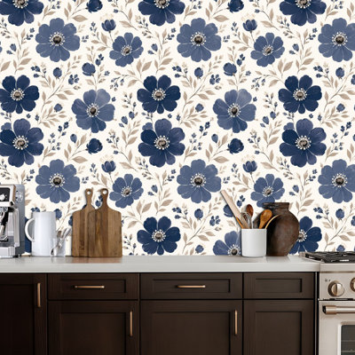 Peel and Stick Wallpaper Navy Blue Floral Delicate Leaves Flowers Contact Paper Removable Self Adhesive Wall Mural Wall Decor for Bedroom Kitchen Cabinets 17.7in x 118in
