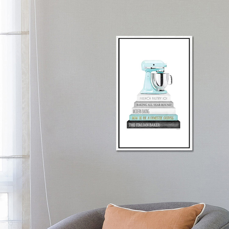 Baking Bookstack With Teal Mixer by Amanda Greenwood - Painting on Canvas, 152.5 cm H x 101.5 cm W, White Framed Canvas