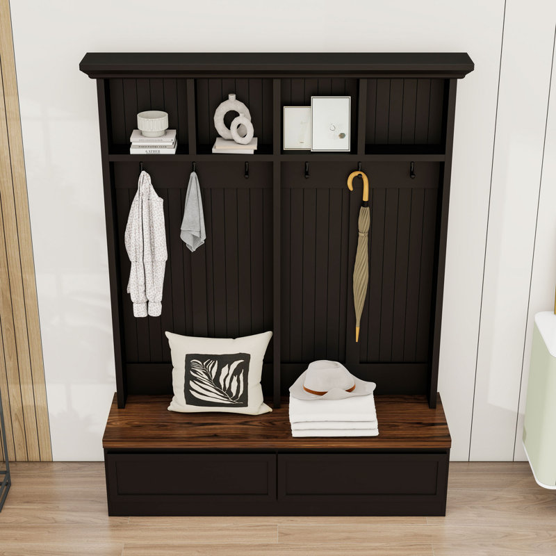 4-in-1 Farmhouse Hall Tree with Bench, Coat Rack, 2 Drawers, 6 Hooks and Open Shelves for Entryway, Black