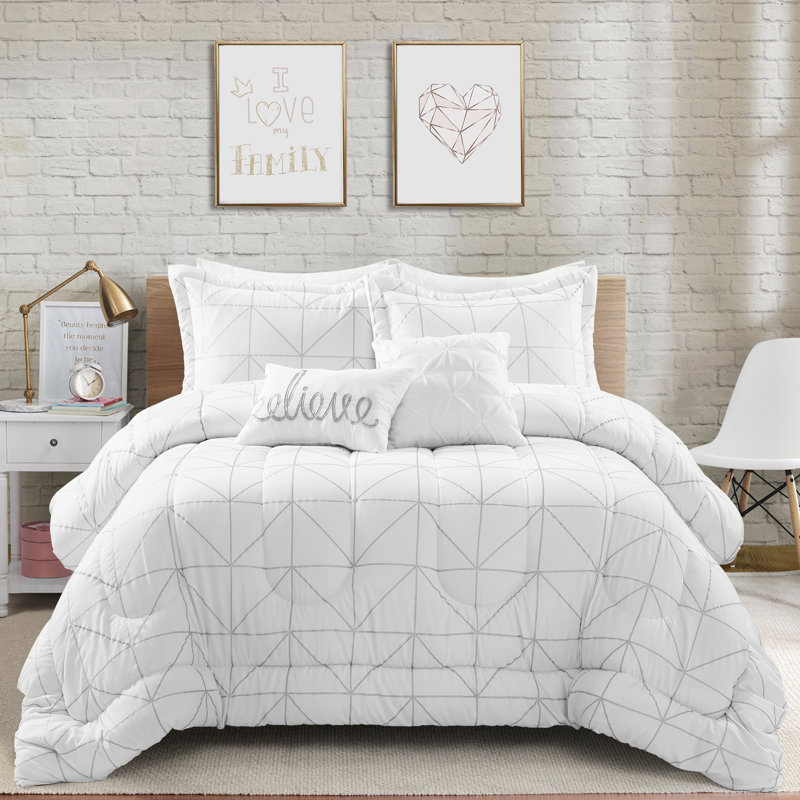 Ensemble d'édredon à motif géométrique Trio, Blanc, Édredon double + 2 taies décoratives + 2 coussin