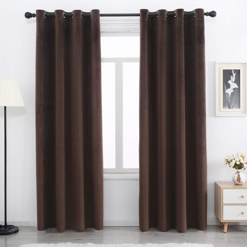 Velvet Noise Reducing Room Darking Grommet Curtain Panels for Home & Office, 52" W x 108" L, Dark Brown