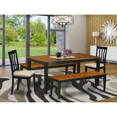 L'ensemble de salle à manger 5 pièces comprend une table rectangulaire en bois avec feuille papillon et 2 chaises de salle à manger en tissu de lin avec 2 bancs, noir et cerise