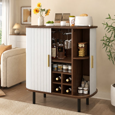 Fluted Bar Cabinet with Wine Storage Glass Holders and Adjustable Shelves