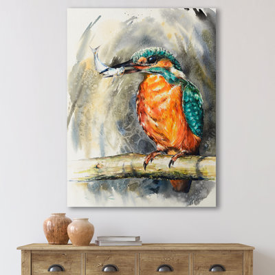 Martin-pêcheur commun mangeant un petit poisson - peinture sur toile