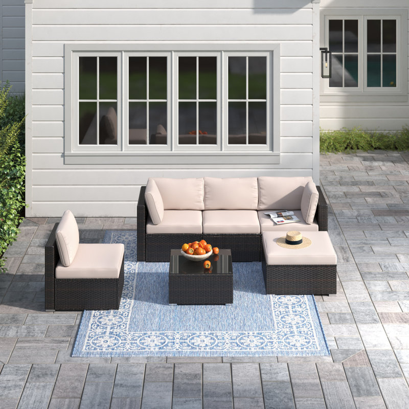 Ensemble de conversation modulaire en rotin avec coussins 6 pièces Planada, Beige