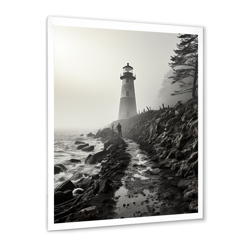 Phare Bansemer noir et blanc avec horizon brumeux, H 44 po x l 34 po x P 1,5 po, Cadre photo blanc