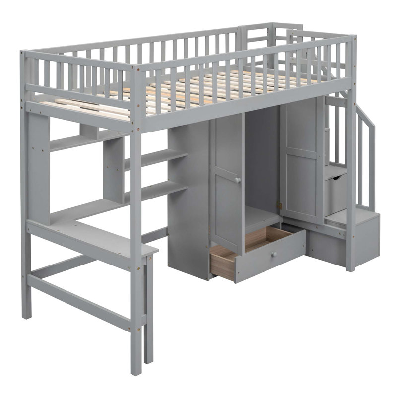 Loft Bed With Bookshelf,Drawers,Desk,And Wardrobe, Grey, Twin