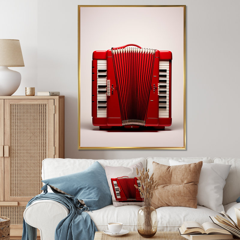 «Music Accordions Accord Classic Red I» sur toile, Cadre flottant doré, H 44 po x l 34 po x P 1,5 po