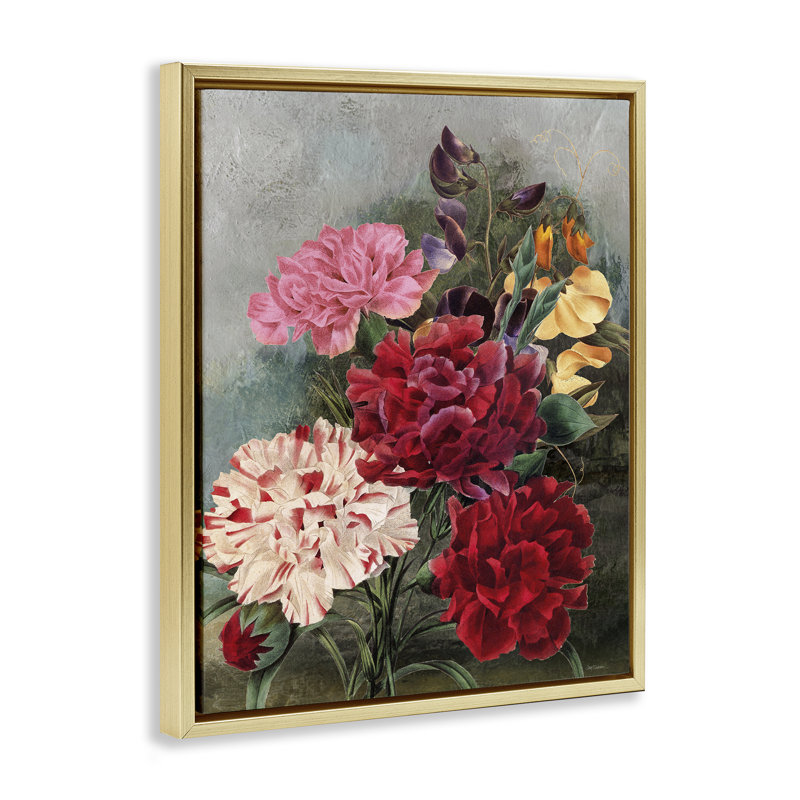 «Vintage Geranium Blooms», art mural encadré par Carol Robinson, Cadre flottant métallique doré, H 21 po x l 17 po